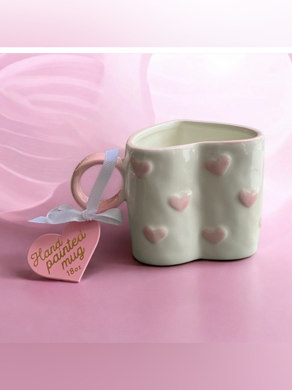 NEW Sunday Morning Ceramics Pink White Heart Shaped Mug Valentine's Day Love
